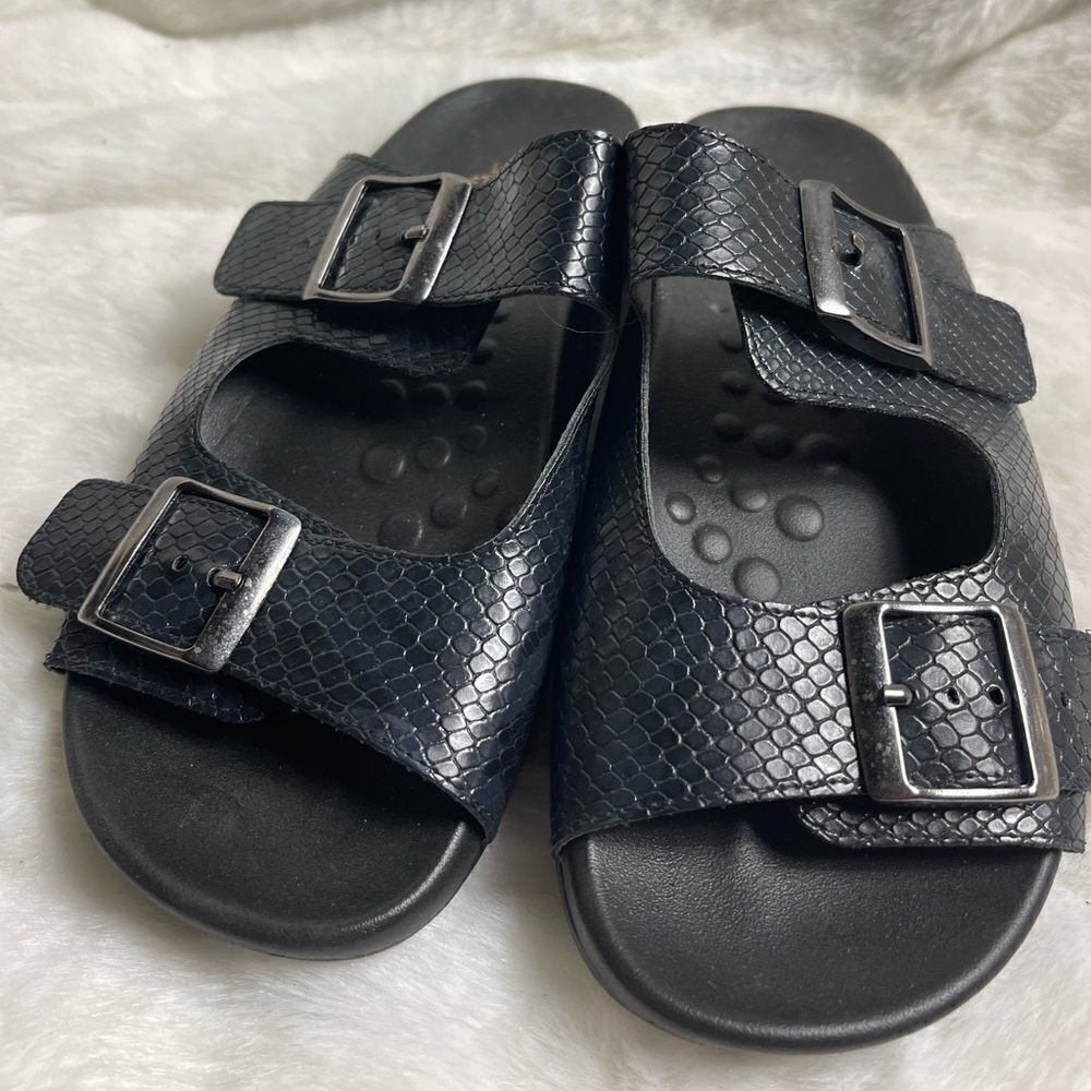 Malu black leather reptile prints straps sandals with silver tone buckle…